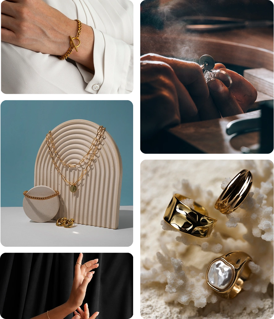 Redactionele collage met luxe gouden juwelen, handgemaakte ringen, elegante armbanden, gelaagde kettingen en shots van het ambachtelijke juwelenmaakproces in warme verfijnde verlichting.